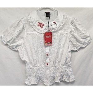 Hot Topic Sanrio Hello Kitty Woven Button-Up Top Elastic Smocked Waist Large